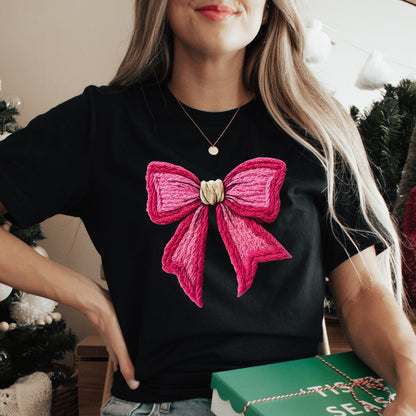 Cozy Knit Pink Bow Coquette Christmas T-Shirt - Faux Yarn