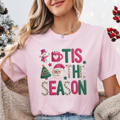 Tis the Season Leopard Letters Christmas T-Shirt - Faux Yarn