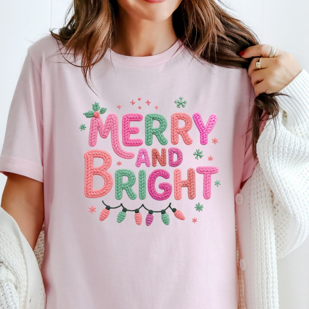 Merry & Bright Christmas T-Shirt - Faux Yarn