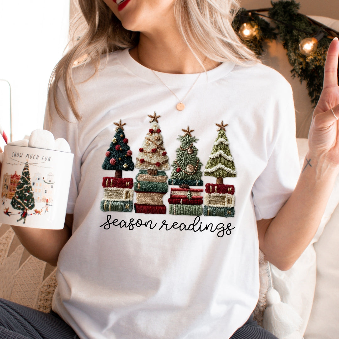 Season Readings Bookish Christmas Tree T-Shirt - Faux Yarn