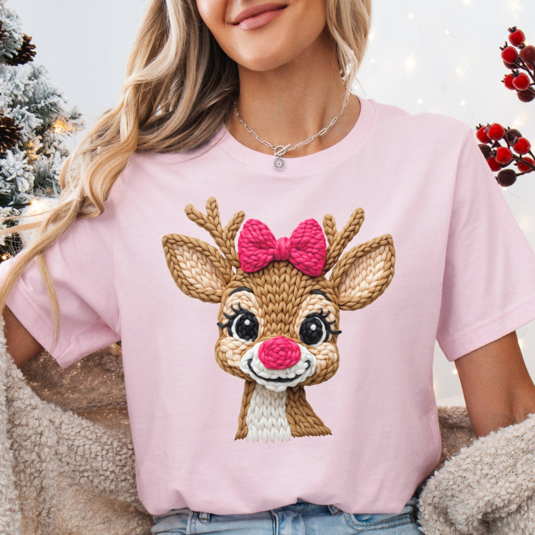 Cute Reindeer Face Christmas T-Shirt - Girl Reindeer with Pink Bow Faux Yarn