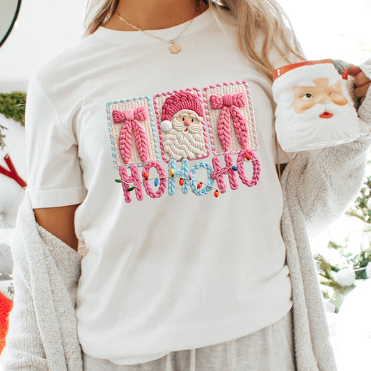 Ho Ho Ho Cute Pink Christmas T-Shirt - Faux Yarn