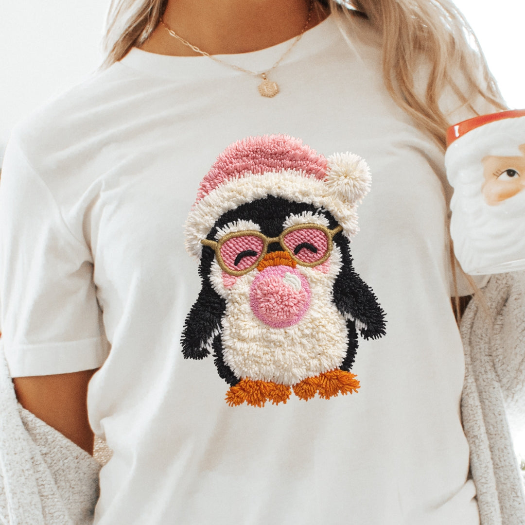 Cute Penguin Bubble Gum Christmas T-Shirt - Faux Yarn