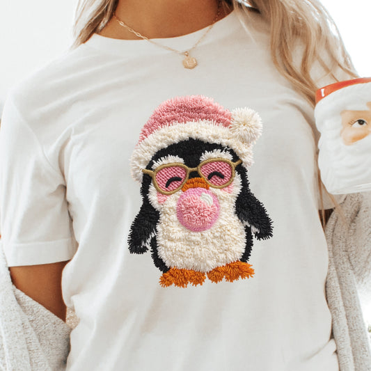 Cute Penguin Bubble Gum Christmas T-Shirt - Faux Yarn