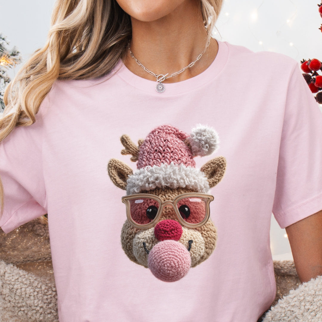 Reindeer Bubble Gum Christmas T-Shirt - Faux Yarn