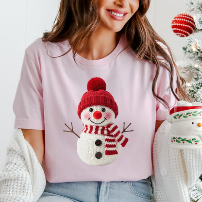 Happy Snowman Christmas T-Shirt - Faux Yarn