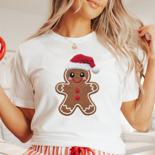 Gingerbread Man with Santa Hat Christmas T-Shirt - Faux Yarn