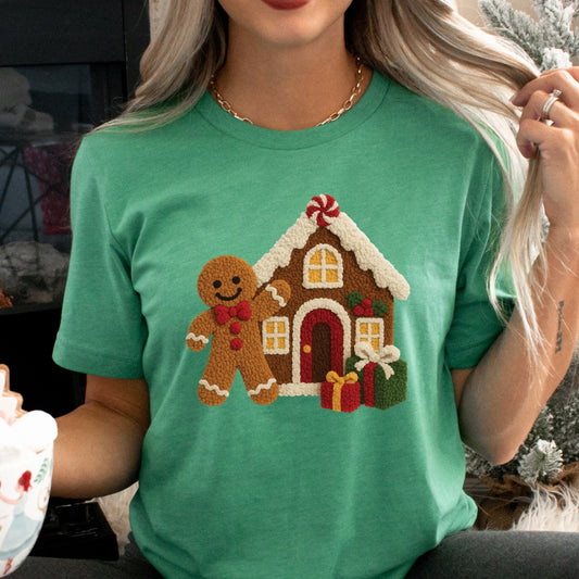 Ginger Bread Man House Christmas T-Shirt - Faux Yarn