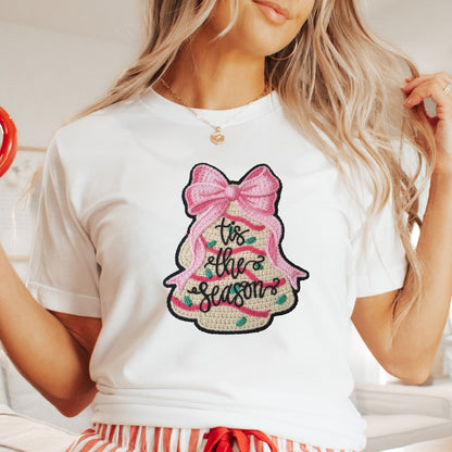 Tis the Season Bow Cake Tree Christmas T-Shirt - Faux Yarn