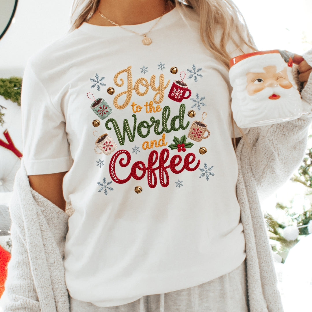 Joy to the World and Coffee Christmas T-Shirt - Faux Yarn
