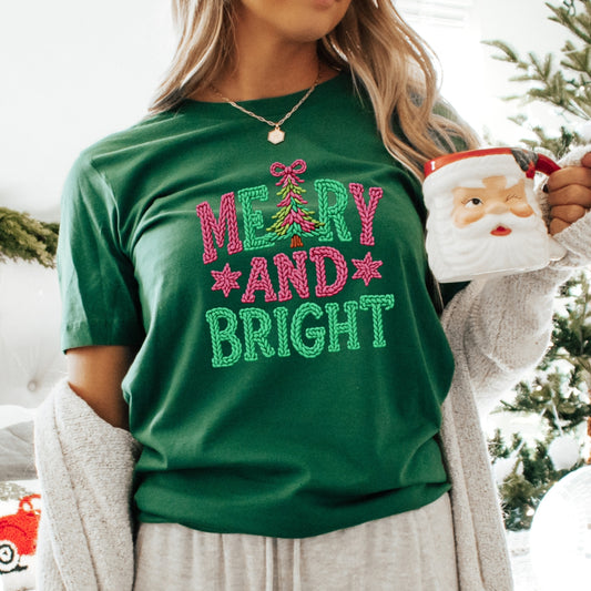 Merry & Bright Christmas T-Shirt - Faux Yarn