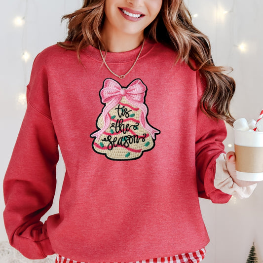 Tis the Season Bow Cake Tree Christmas Sweatshirt - Faux Yarn