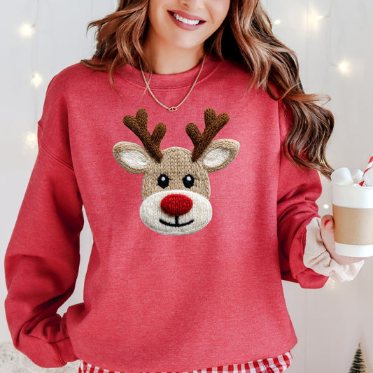 Cute Reindeer Face Christmas Sweatshirt - Faux Yarn