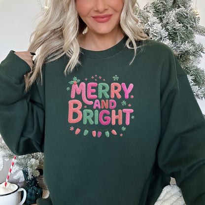 Merry & Bright Christmas Sweatshirt - Faux Yarn