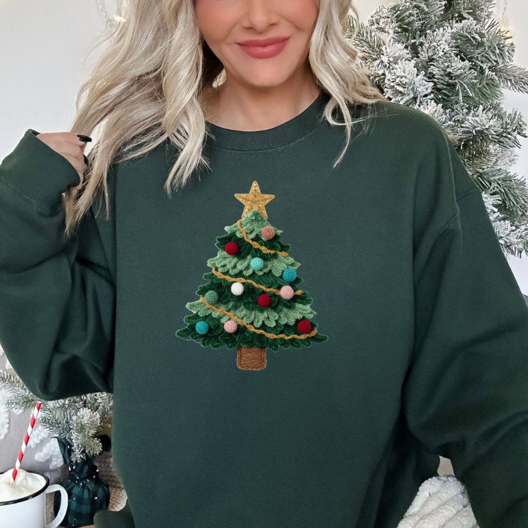 Cute Christmas Tree Sweatshirt - Faux Yarn