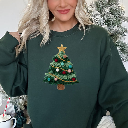 Cute Christmas Tree Sweatshirt - Faux Yarn