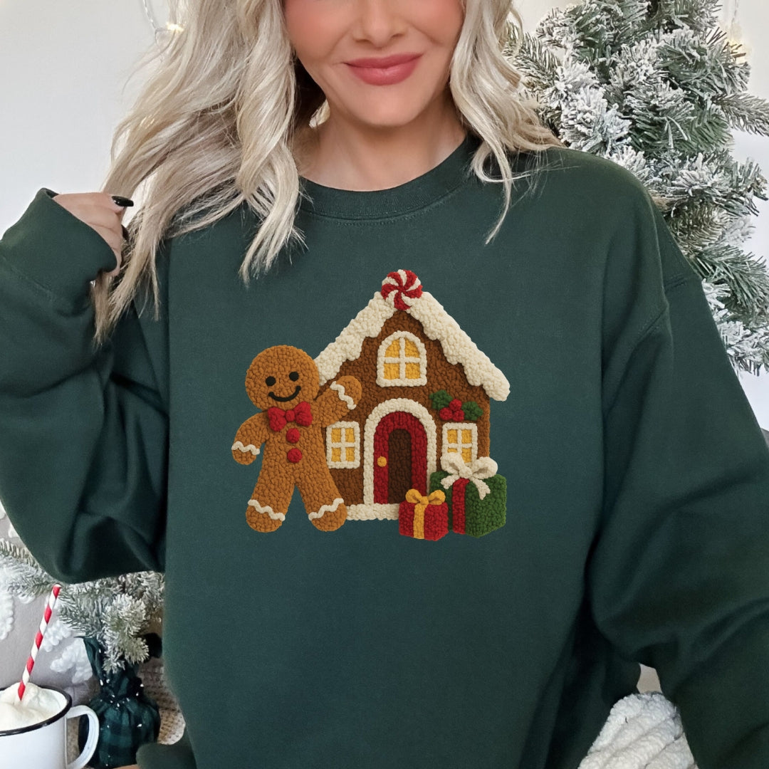 Ginger Bread Man House Christmas Sweatshirt - Faux Yarn