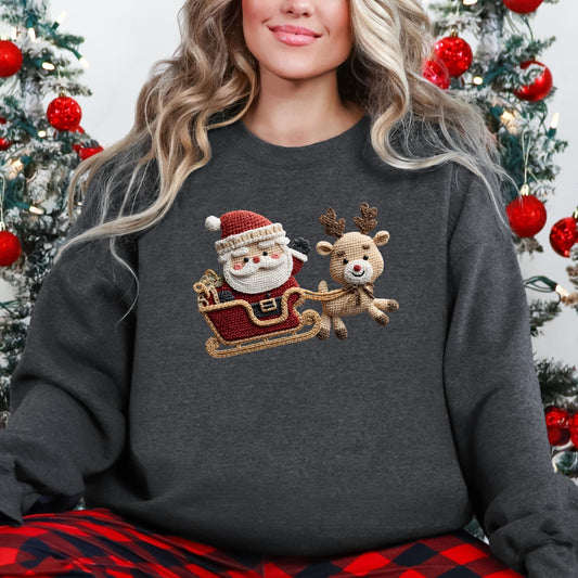 Santa Sleigh Christmas Sweatshirt - Faux Yarn