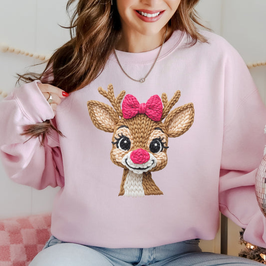 Cute Reindeer Face Christmas Sweatshirt - Faux Yarn