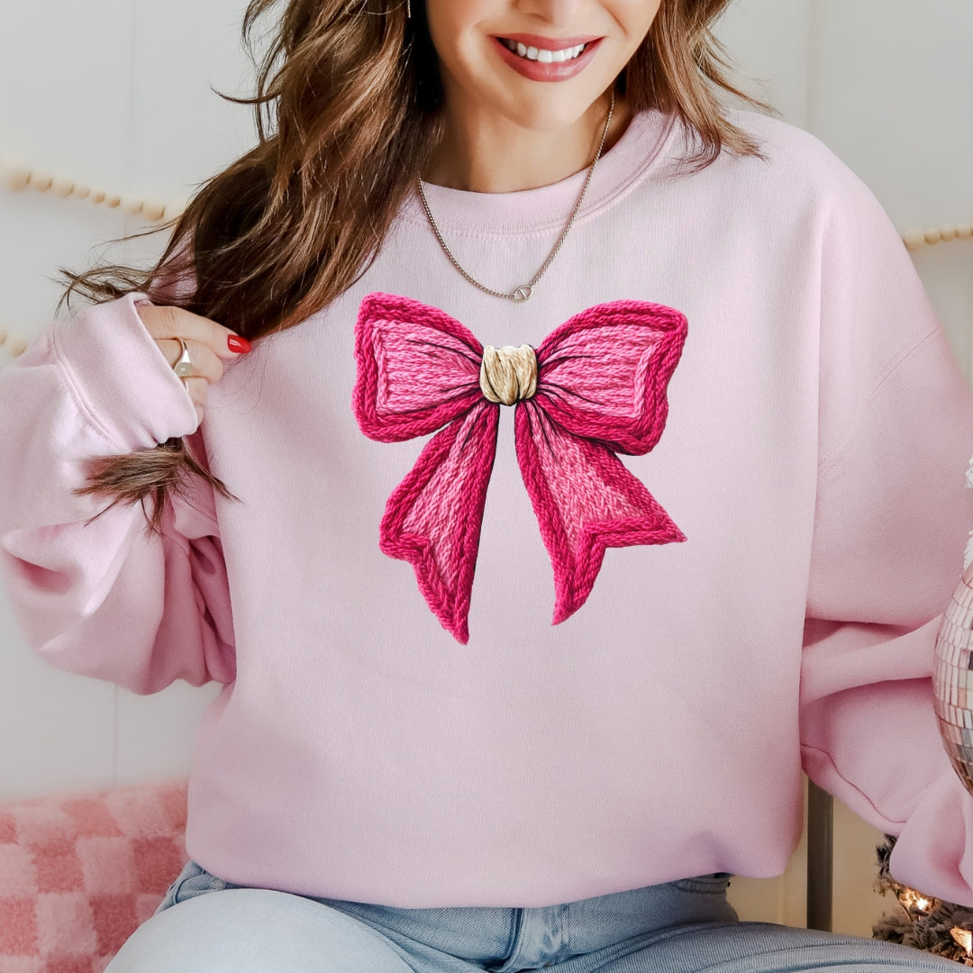 Cozy Knit Pink Bow Coquette Christmas Sweatshirt - Faux Yarn