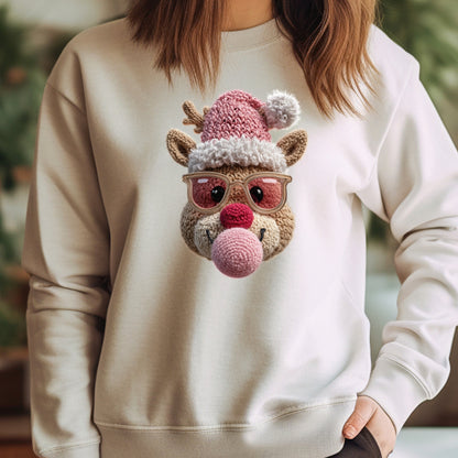 Reindeer Bubble Gum Christmas Sweatshirt - Faux Yarn