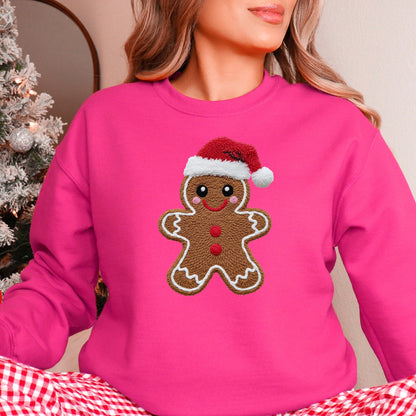 Gingerbread Man with Santa Hat Christmas Sweatshirt - Faux Yarn