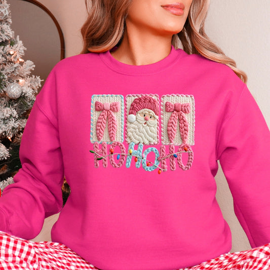 Ho Ho Ho Cute Pink Christmas Sweatshirt - Faux Yarn