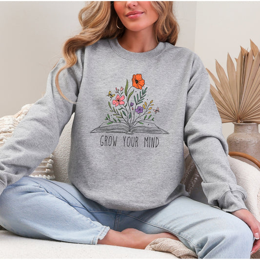 Grow Your Mind Book and Flowers Bookish Crewneck Sweatshirt