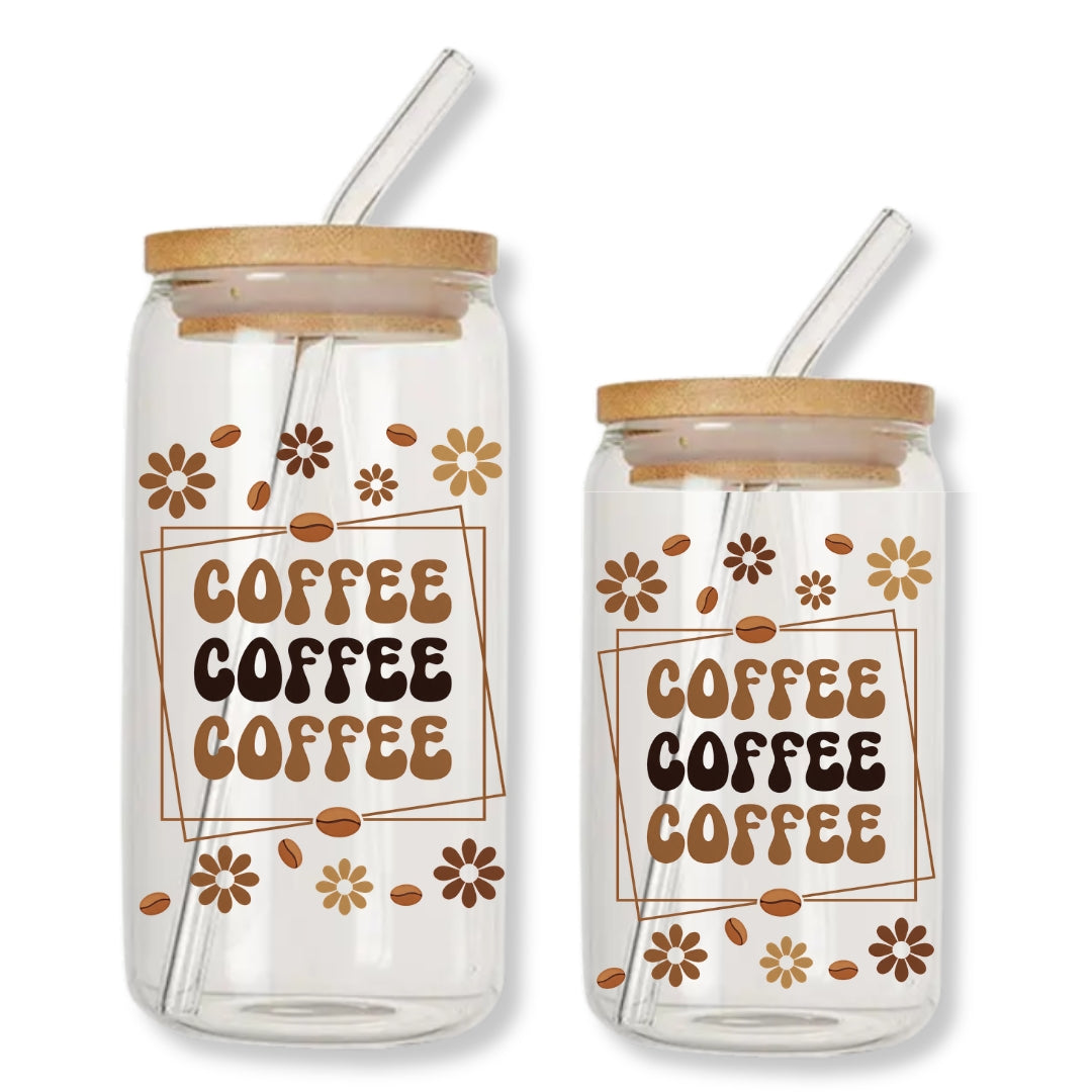 Coffee Beans Can Glass Tumbler with Bamboo Lid & Straw