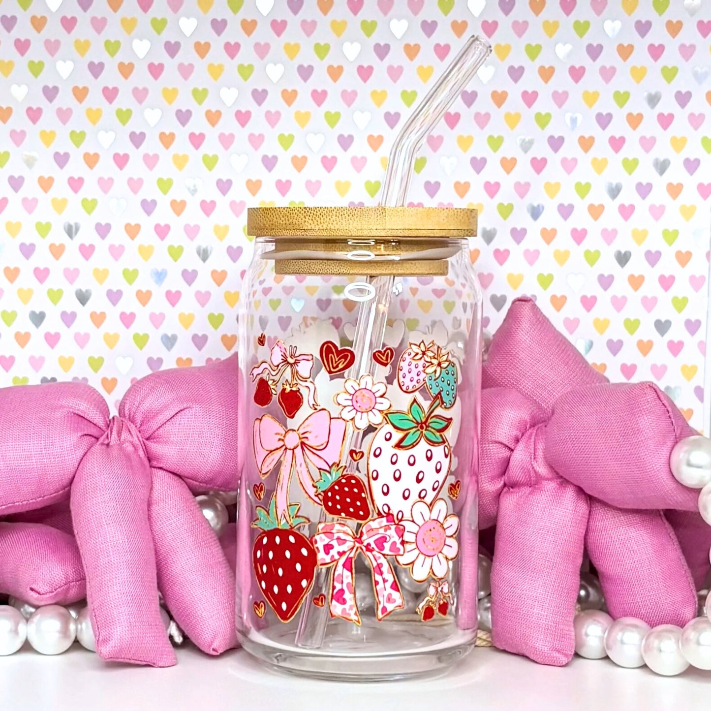 Strawberry Coquette 16 oz. or 20 oz. Glass Can Cup