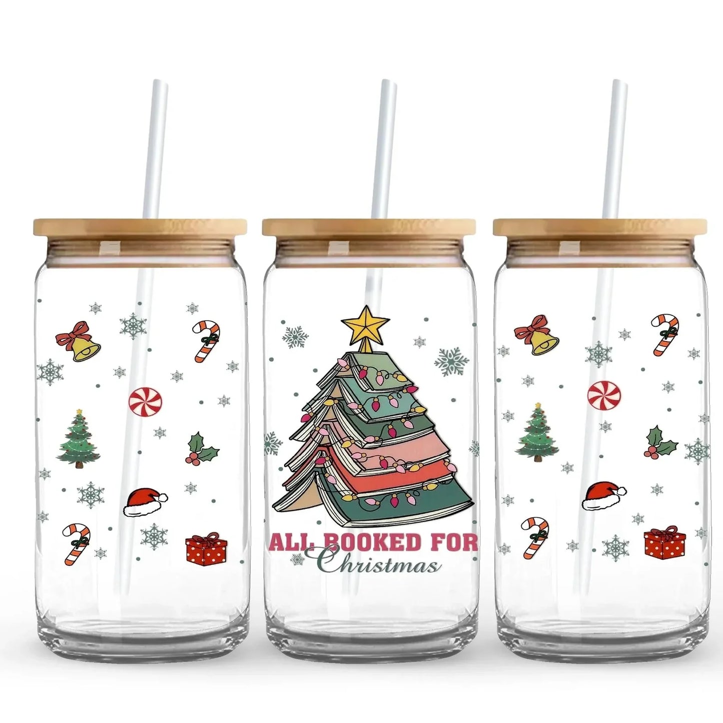 All Booked for Christmas 16 oz. or 20 oz. Glass Can Cup
