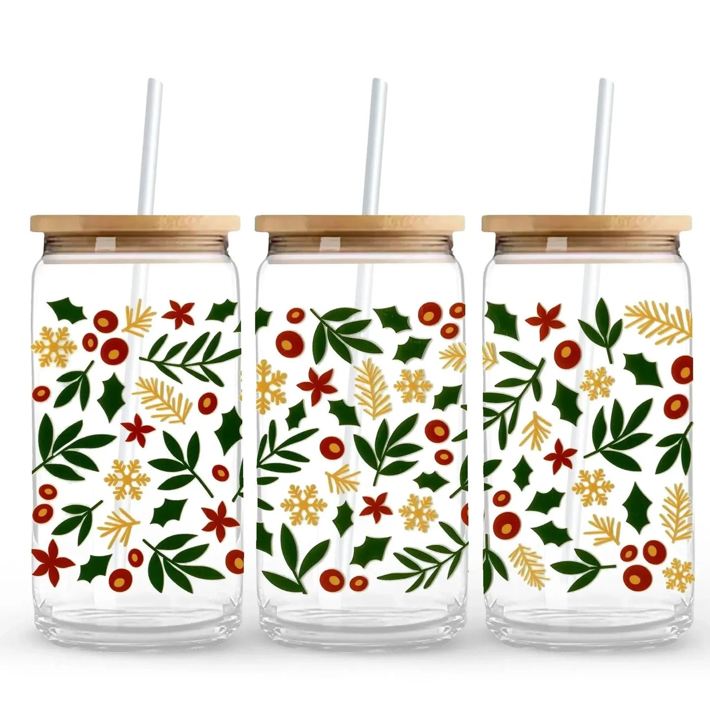 Christmas Holly & Berries 16 oz. or 20 oz. Glass Can Cup