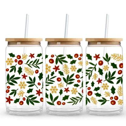 Christmas Holly & Berries 16 oz. or 20 oz. Glass Can Cup