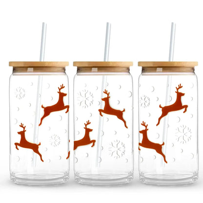 Christmas Reindeer & Snow Flakes 16 oz. or 20 oz. Glass Can Cup