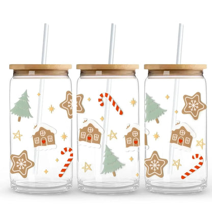 Christmas Trees & Gingerbread 16 oz. or 20 oz. Glass Can Cup