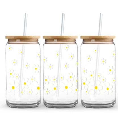 White Dasies 16 oz. or 20 oz. Glass Can Cup
