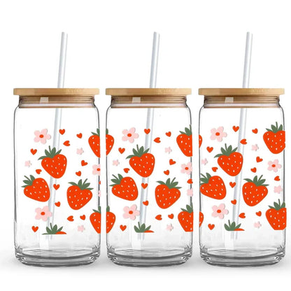 Strawberries & Dasies 16 oz. or 20 oz. Glass Can Cup